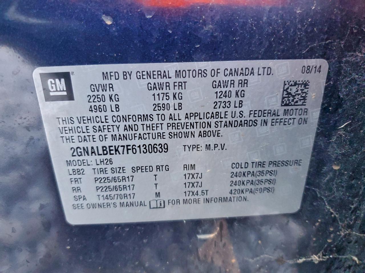 2015 Chevrolet Equinox Lt VIN: 2GNALBEK7F6130639 Lot: 97878225