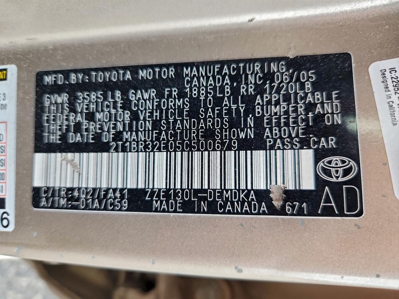 2005 Toyota Corolla Ce VIN: 2T1BR32E05C500679 Lot: 96699915