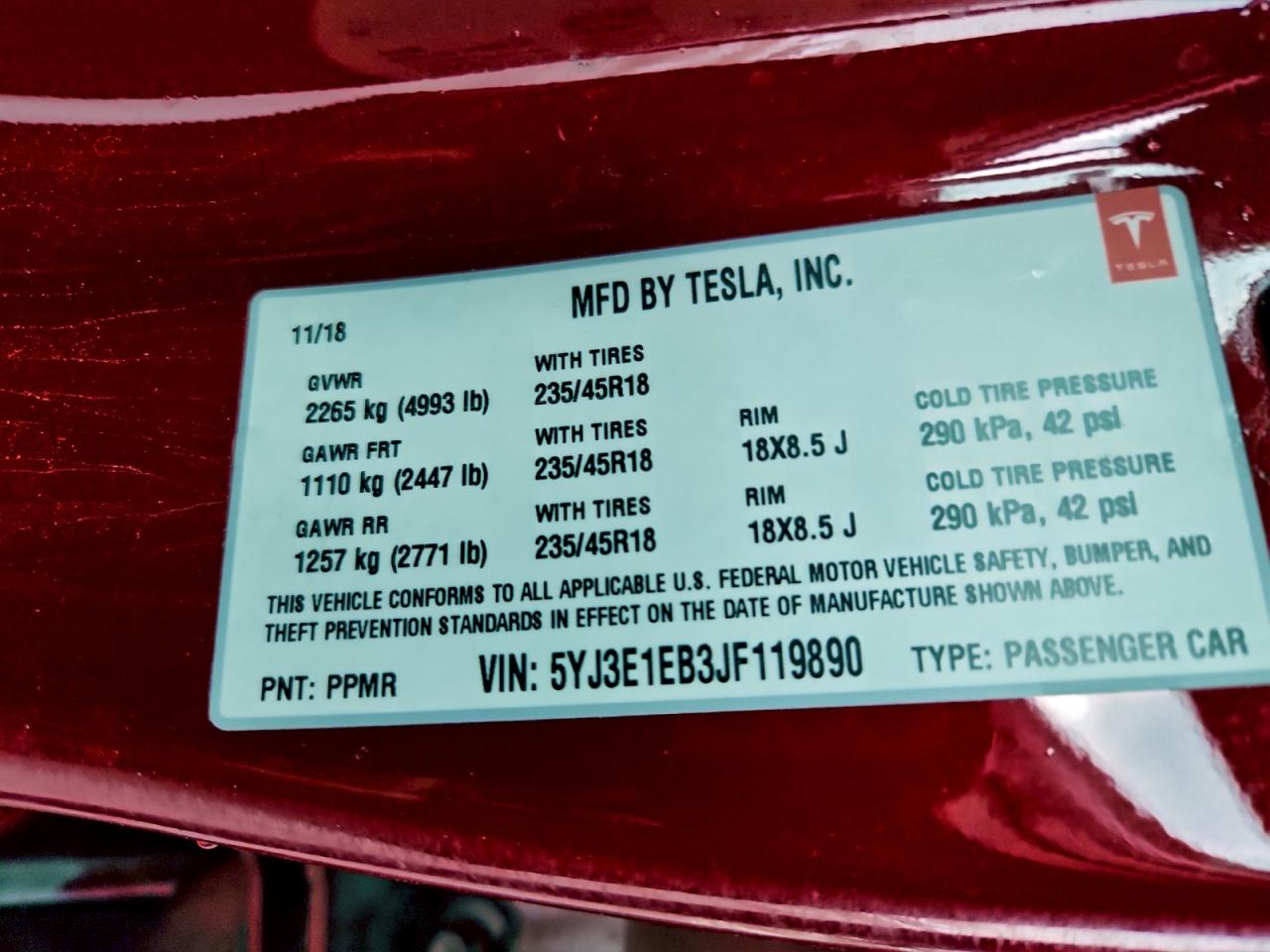 2018 Tesla Model 3 VIN: 5YJ3E1EB3JF119890 Lot: 94920425