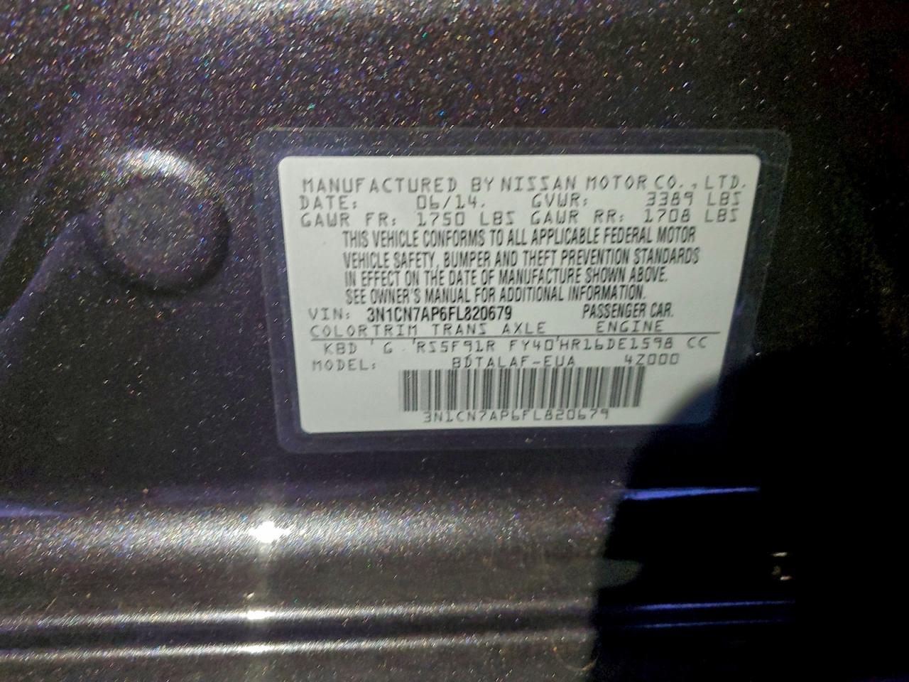 2015 Nissan Versa S VIN: 3N1CN7AP6FL820679 Lot: 95132235