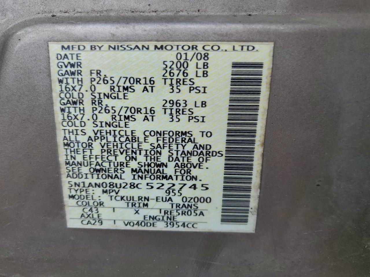 2008 Nissan Xterra Off Road VIN: 5N1AN08U28C522745 Lot: 96820715