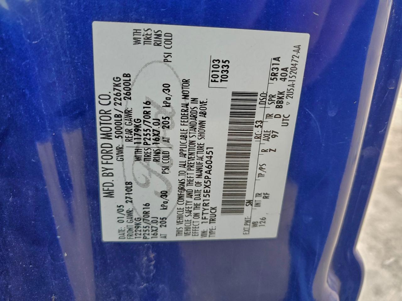 2005 Ford Ranger Super Cab VIN: 1FTYR15EX5PA60451 Lot: 95085595