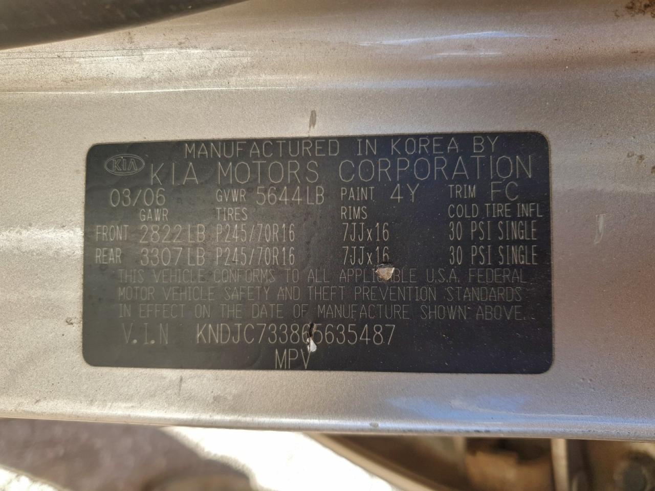 2006 Kia Sorento Ex VIN: KNDJC733865635487 Lot: 95568825