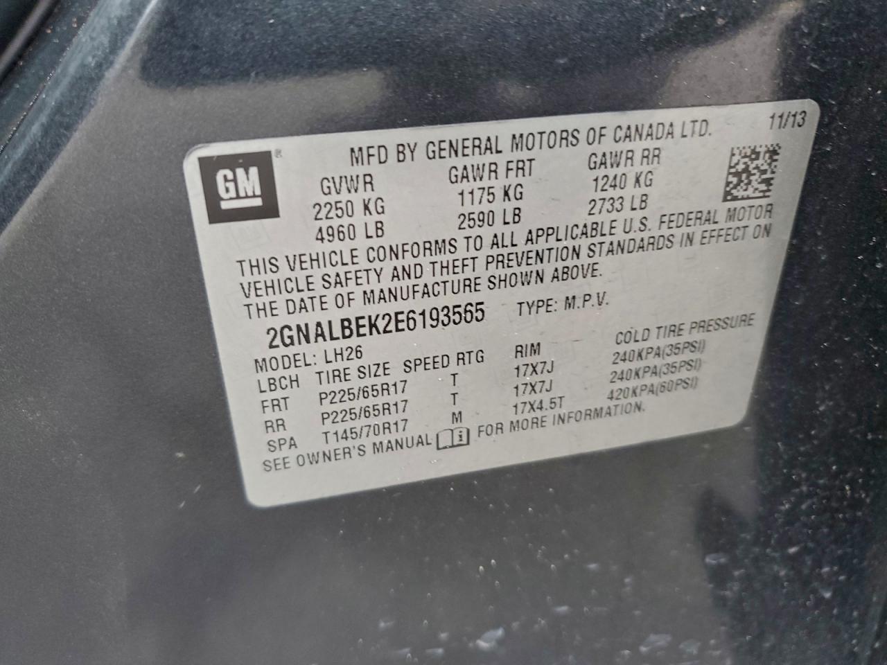 2014 Chevrolet Equinox Lt VIN: 2GNALBEK2E6193565 Lot: 95102025