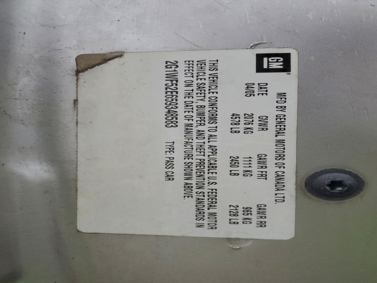 2005 Chevrolet Impala VIN: 2G1WF52E659348583 Lot: 95099605