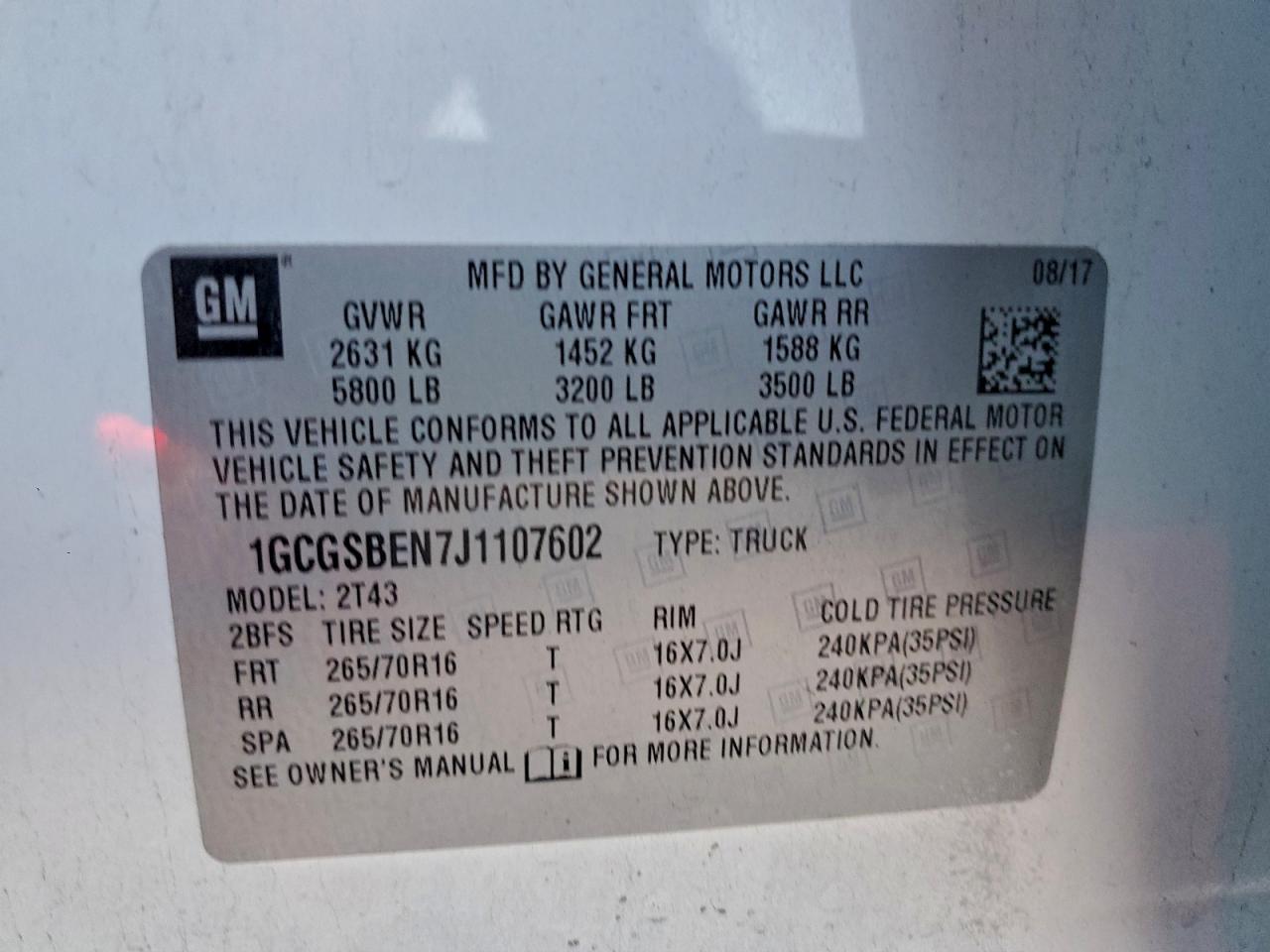 2018 Chevrolet Colorado VIN: 1GCGSBEN7J1107602 Lot: 94751125