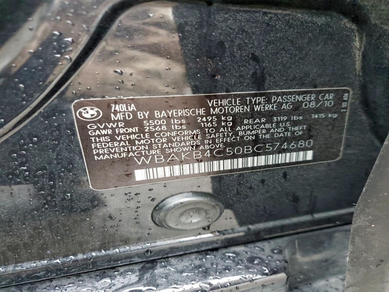 2011 BMW 740 Li VIN: WBAKB4C50BC574680 Lot: 95510665