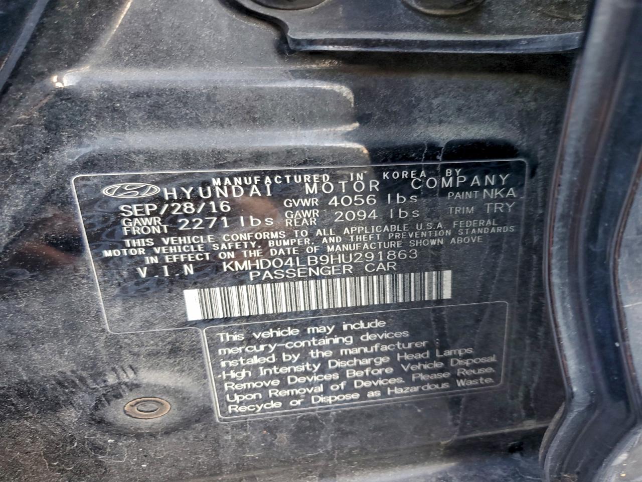 2017 Hyundai Elantra Sport VIN: KMHD04LB9HU291863 Lot: 95017395