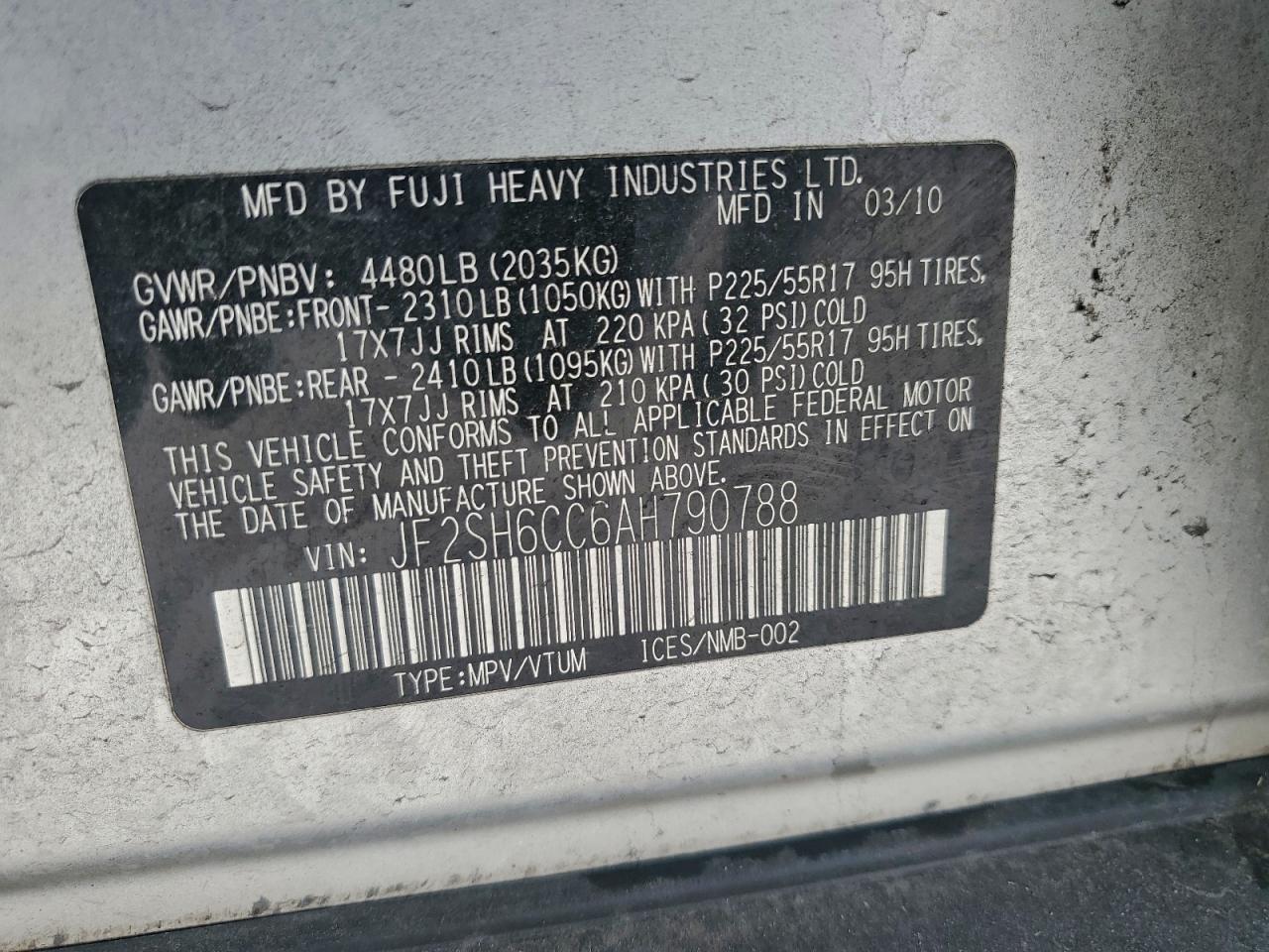 2010 Subaru Forester 2.5X Premium VIN: JF2SH6CC6AH790788 Lot: 93366725