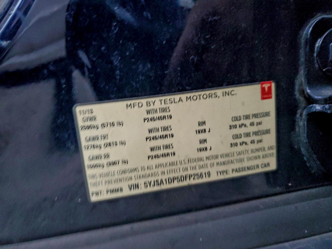 2013 Tesla Model S VIN: 5YJSA1DP5DFP25619 Lot: 95543905