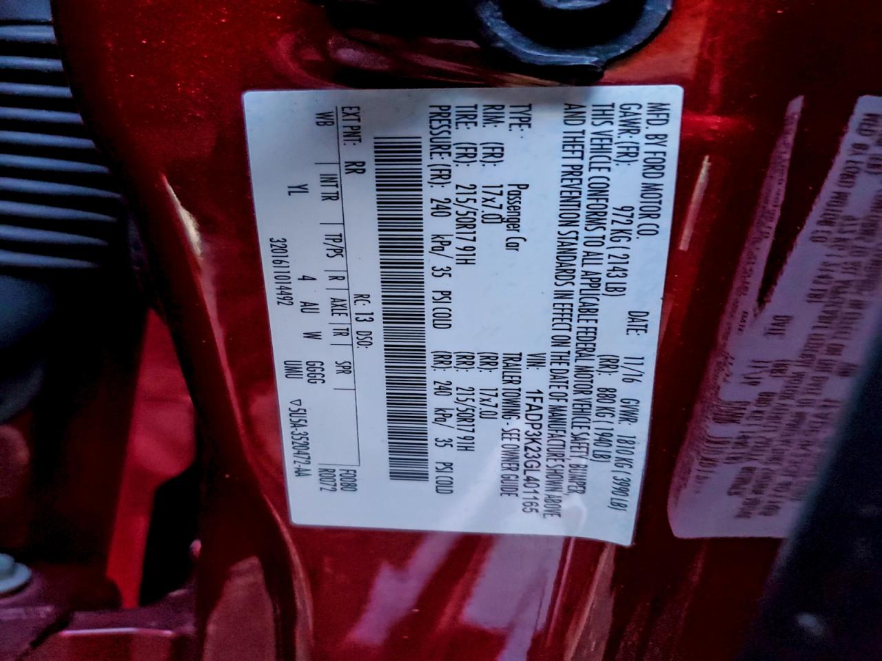 2016 Ford Focus Se VIN: 1FADP3K23GL401165 Lot: 93934705