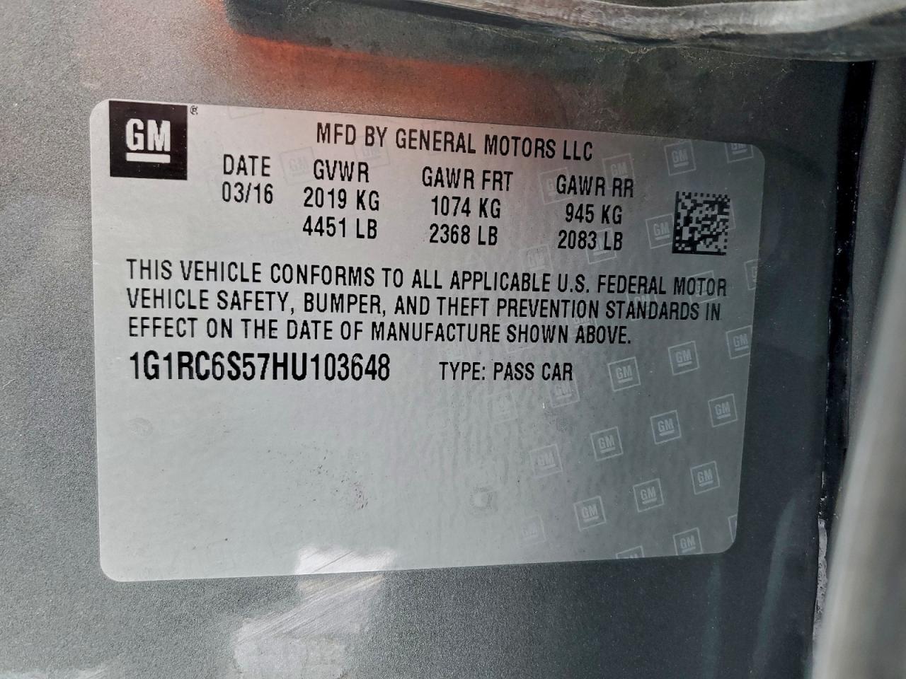 2017 Chevrolet Volt Lt VIN: 1G1RC6S57HU103648 Lot: 94974935