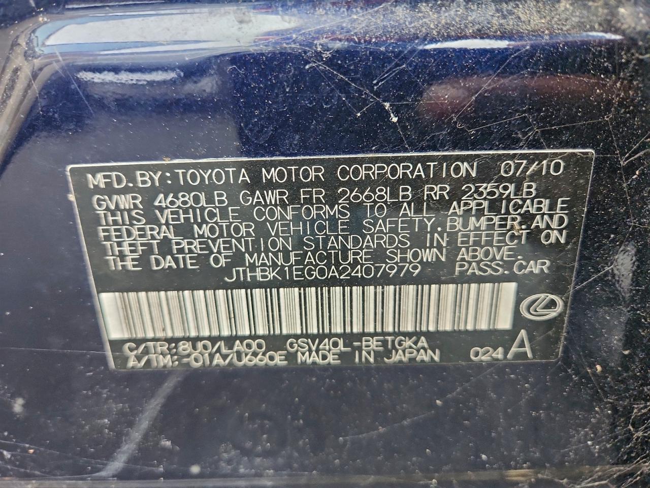 2010 Lexus Es 350 VIN: JTHBK1EG0A2407979 Lot: 93599955