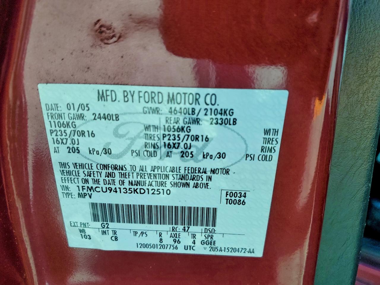 2005 Ford Escape Limited VIN: 1FMCU94135KD12510 Lot: 95829095