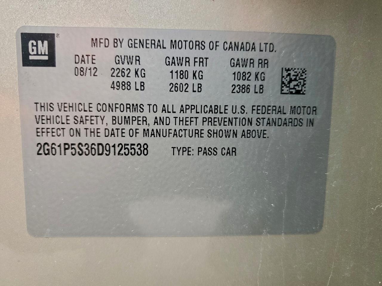 2013 Cadillac Xts Luxury Collection VIN: 2G61P5S36D9125538 Lot: 95219955