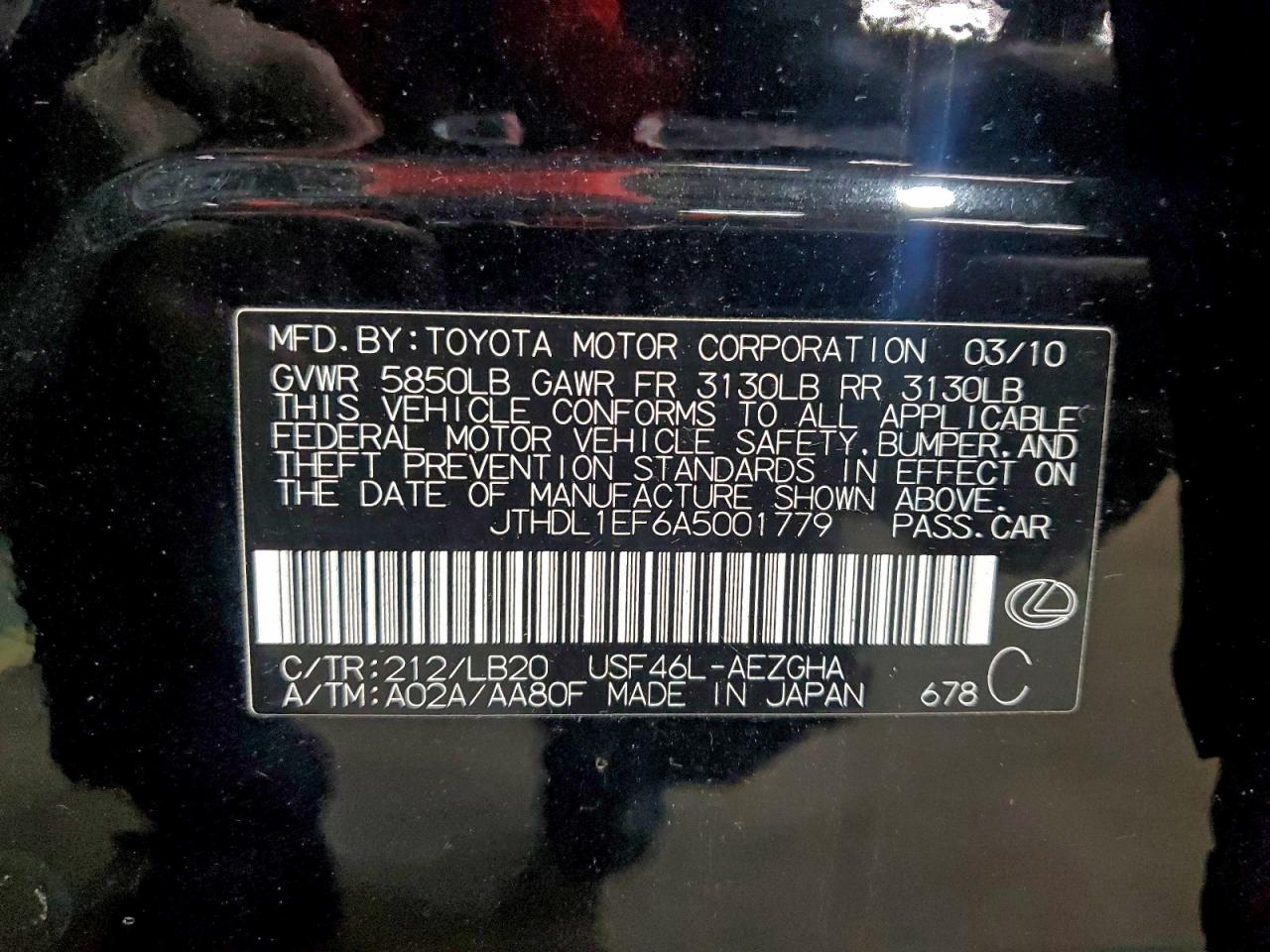 2010 Lexus Ls 460L VIN: JTHDL1EF6A5001779 Lot: 95213205