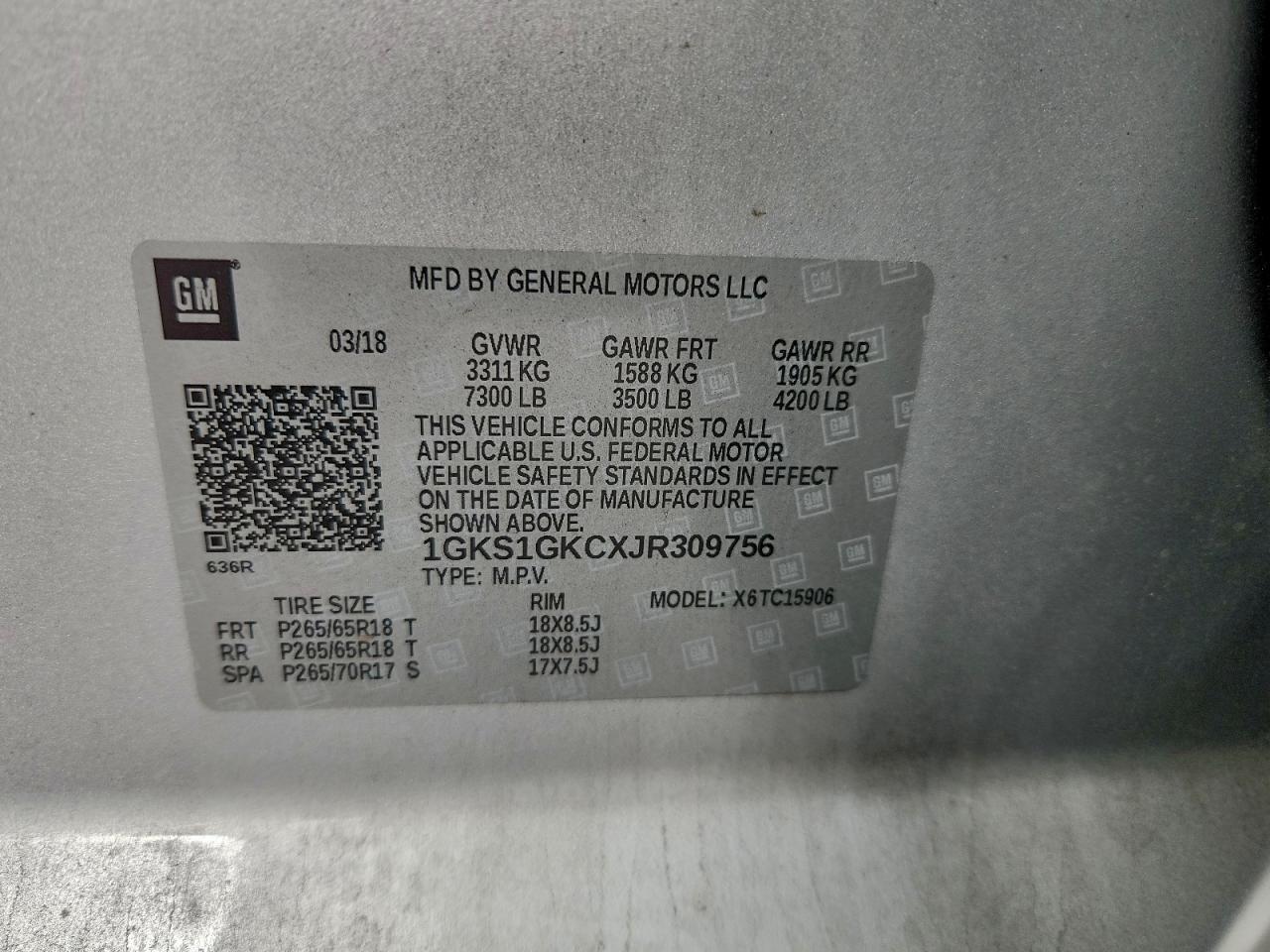 2018 GMC Yukon Xl C1500 Slt VIN: 1GKS1GKCXJR309756 Lot: 95454545