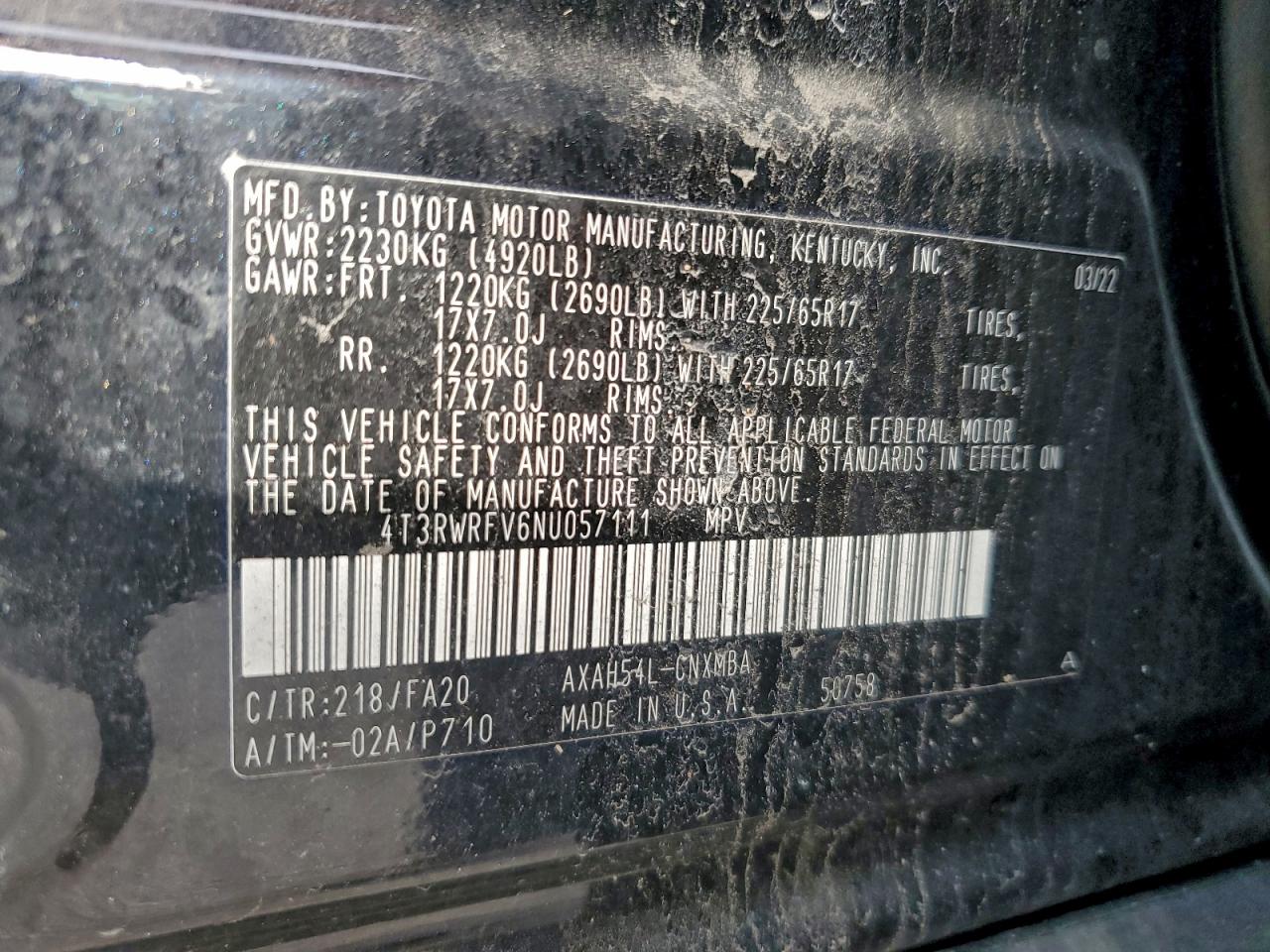 2022 Toyota Rav4 Xle VIN: 4T3RWRFV6NU057111 Lot: 95459895