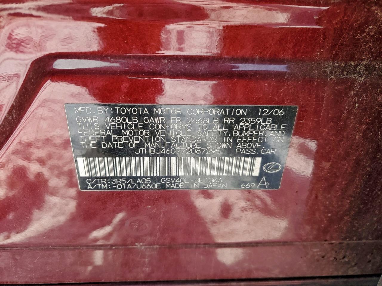 2007 Lexus Es 350 VIN: JTHBJ46G772087295 Lot: 96849355