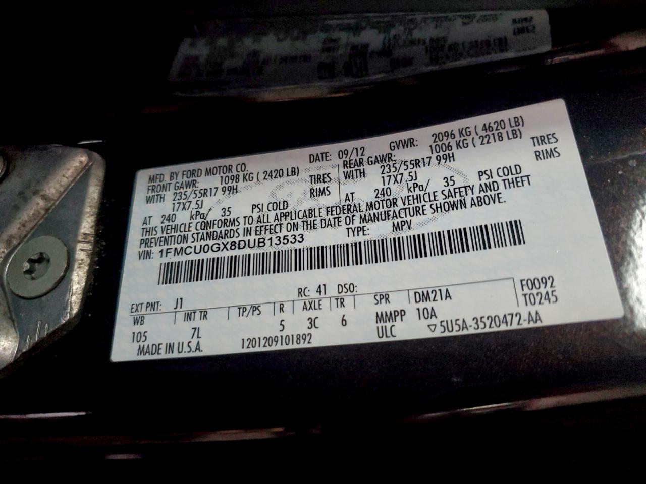 2013 Ford Escape Se VIN: 1FMCU0GX8DUB13533 Lot: 94389625