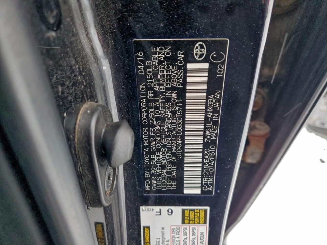 2016 Toyota Prius VIN: JTDKARFU0G3015711 Lot: 95260165