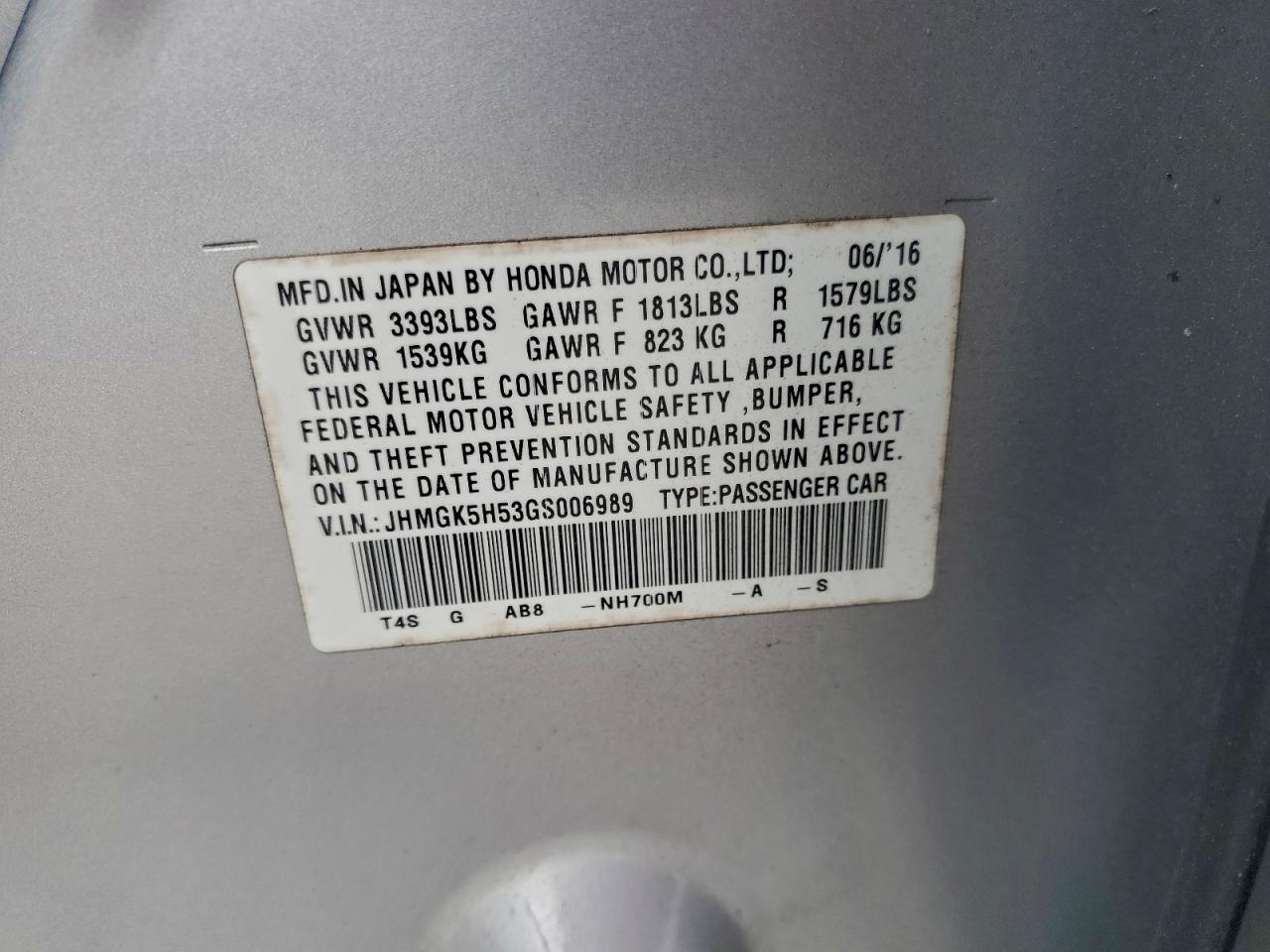 2016 Honda Fit Lx VIN: JHMGK5H53GS006989 Lot: 94464495