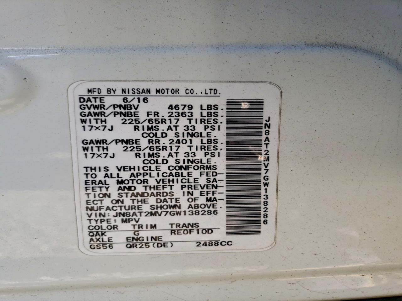 2016 Nissan Rogue S VIN: JN8AT2MV7GW138286 Lot: 95174395