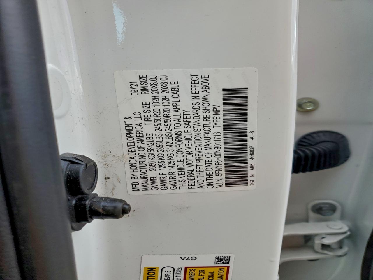 2022 Honda Pilot Elite VIN: 5FNYF6H00NB011713 Lot: 95757355