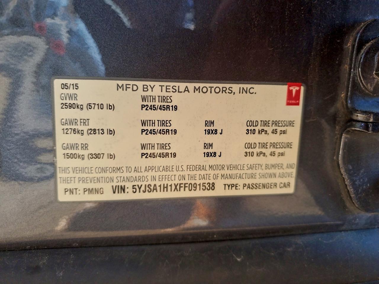 2015 Tesla Model S 85 VIN: 5YJSA1H1XFF091538 Lot: 95718125