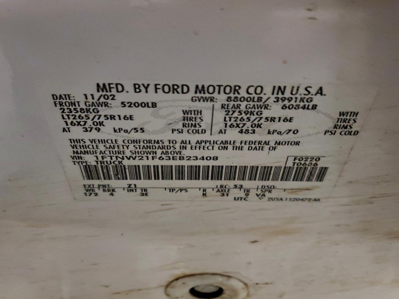 2003 Ford F250 Super Duty VIN: 1FTNW21F63EB23408 Lot: 95142995