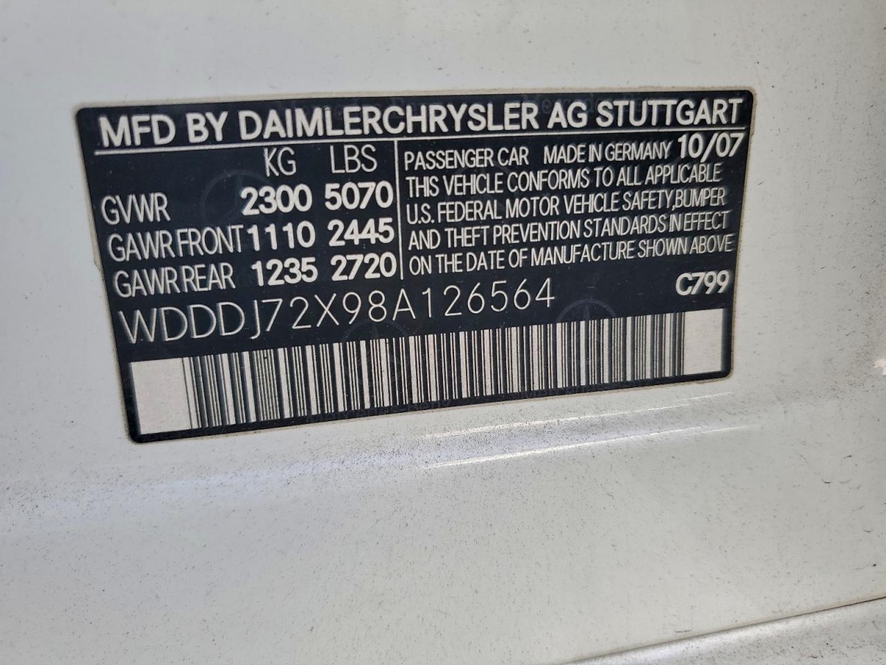 2008 Mercedes-Benz Cls 550 VIN: WDDDJ72X98A126564 Lot: 95605515