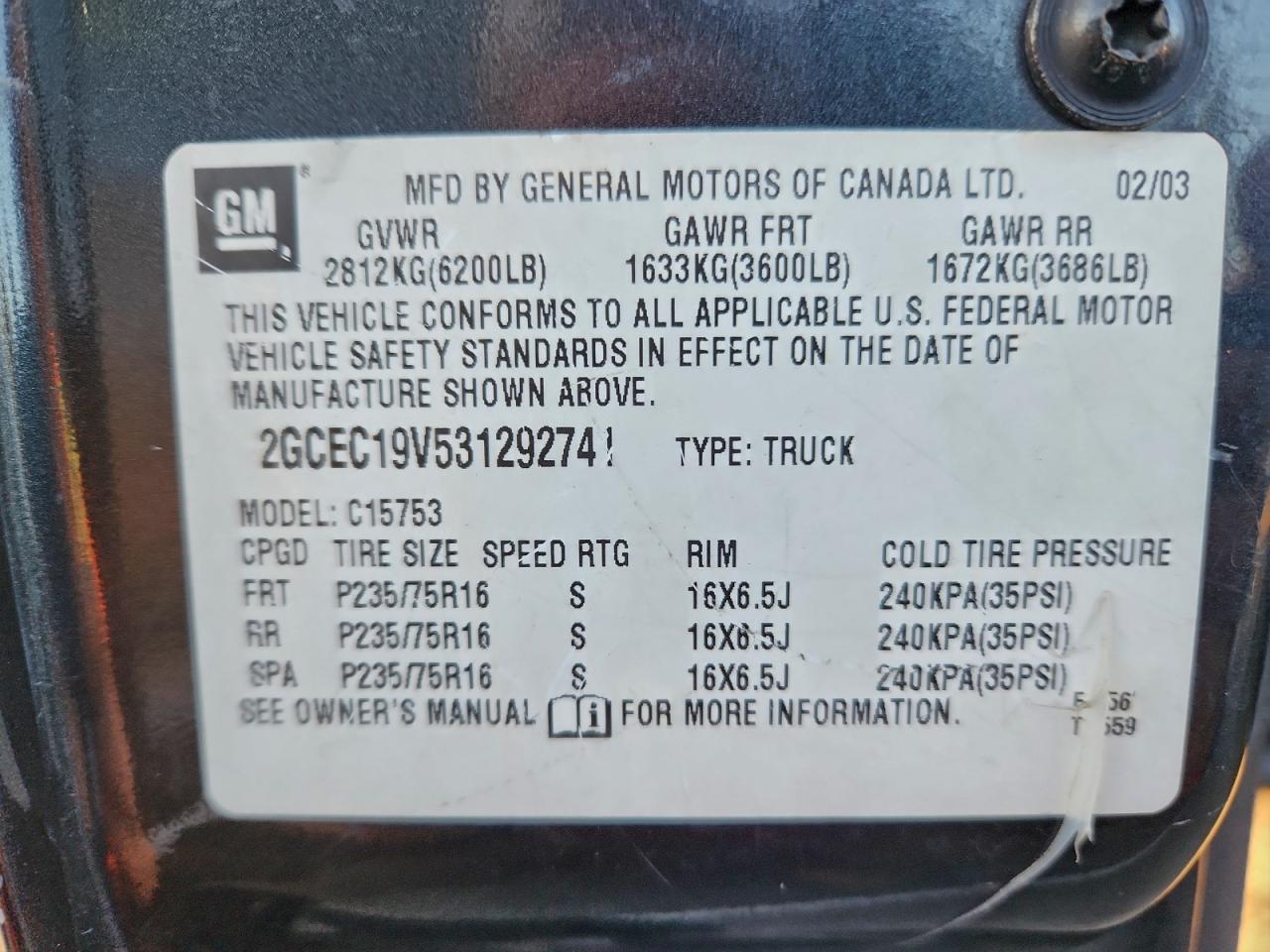 2003 Chevrolet Silverado C1500 VIN: 2GCEC19V531292741 Lot: 95666095