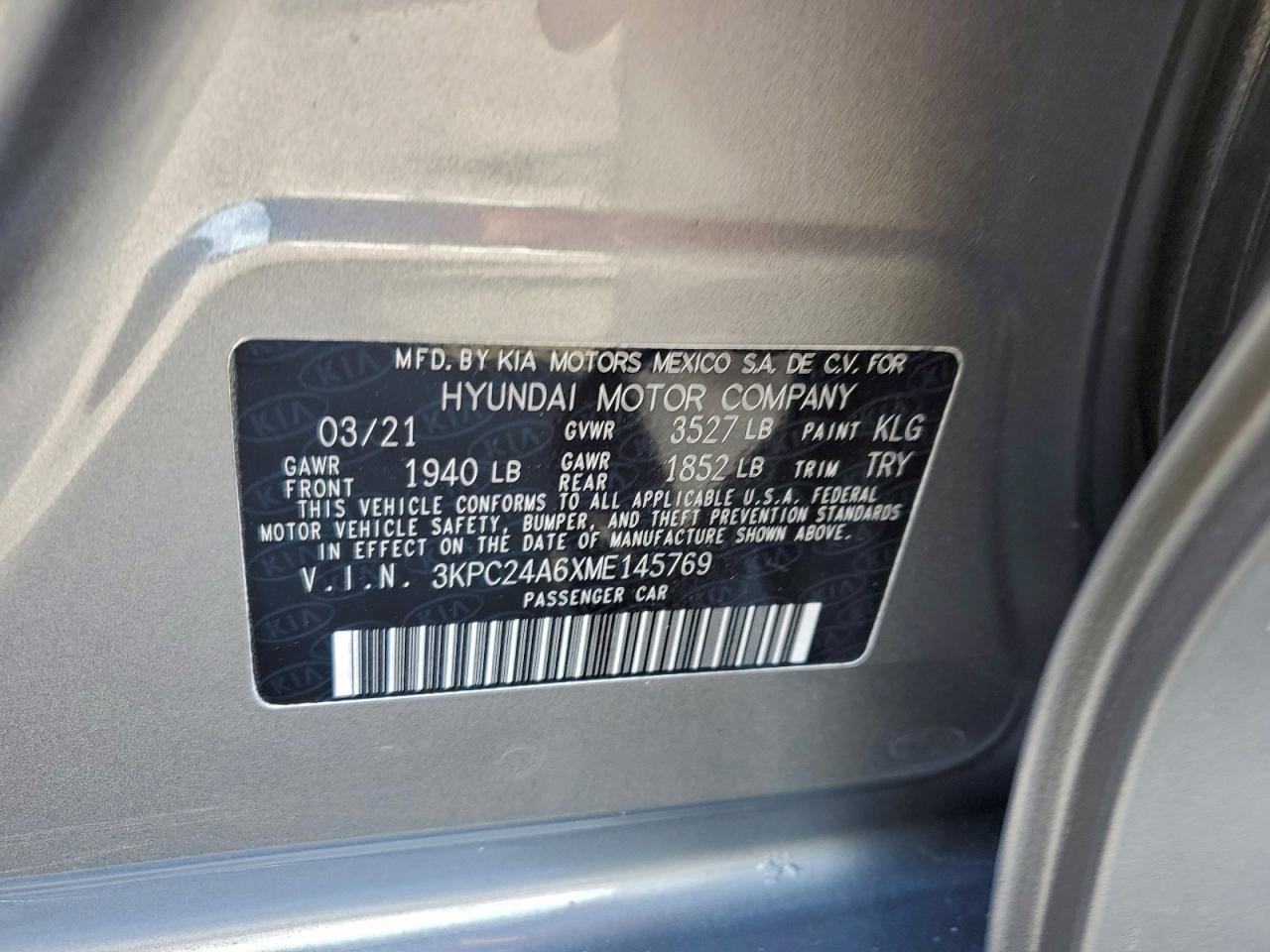 2021 Hyundai Accent Se VIN: 3KPC24A6XME145769 Lot: 96769275