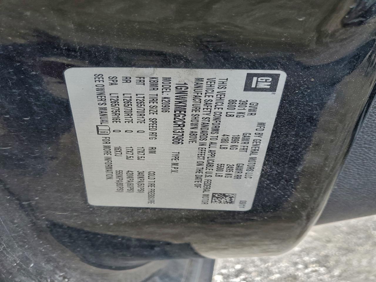 2012 Chevrolet Suburban K2500 Lt VIN: 1GNWKMEG2CR137966 Lot: 90891115