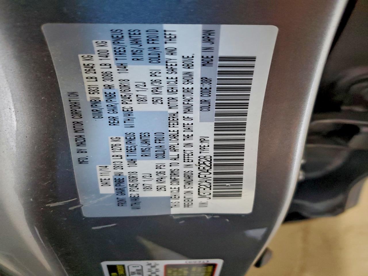 2015 Mazda Cx-9 Touring VIN: JM3TB2CAXF0452528 Lot: 94753145