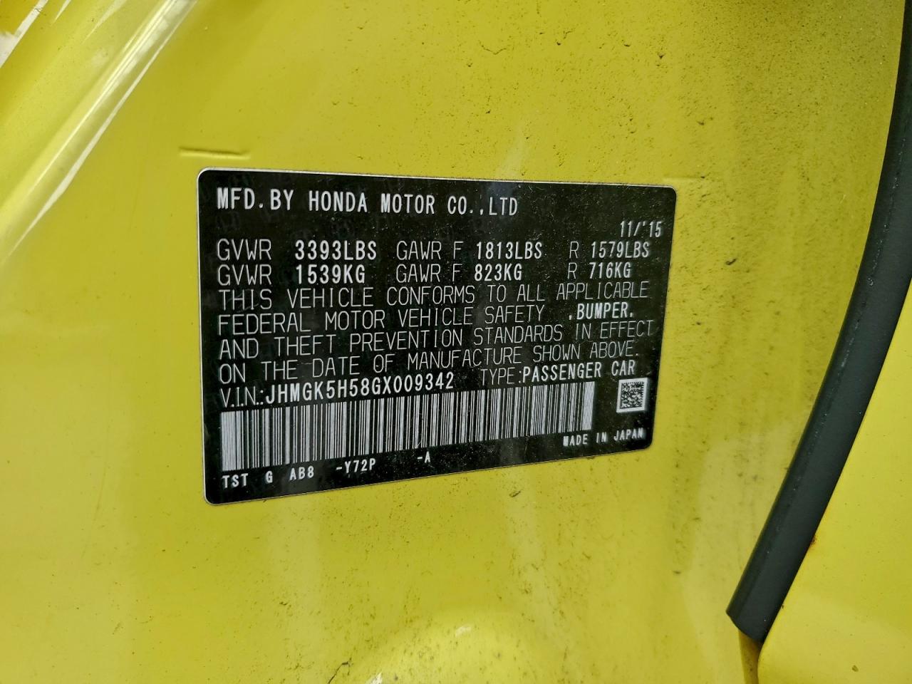 2016 Honda Fit Lx VIN: JHMGK5H58GX009342 Lot: 95958465