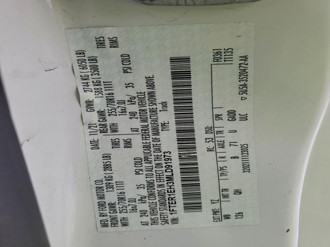 2021 Ford Ranger Xl VIN: 1FTER1EH3MLD91973 Lot: 94718105