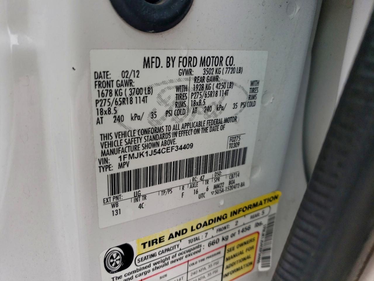 2012 Ford Expedition El Xlt VIN: 1FMJK1J54CEF34409 Lot: 95713705