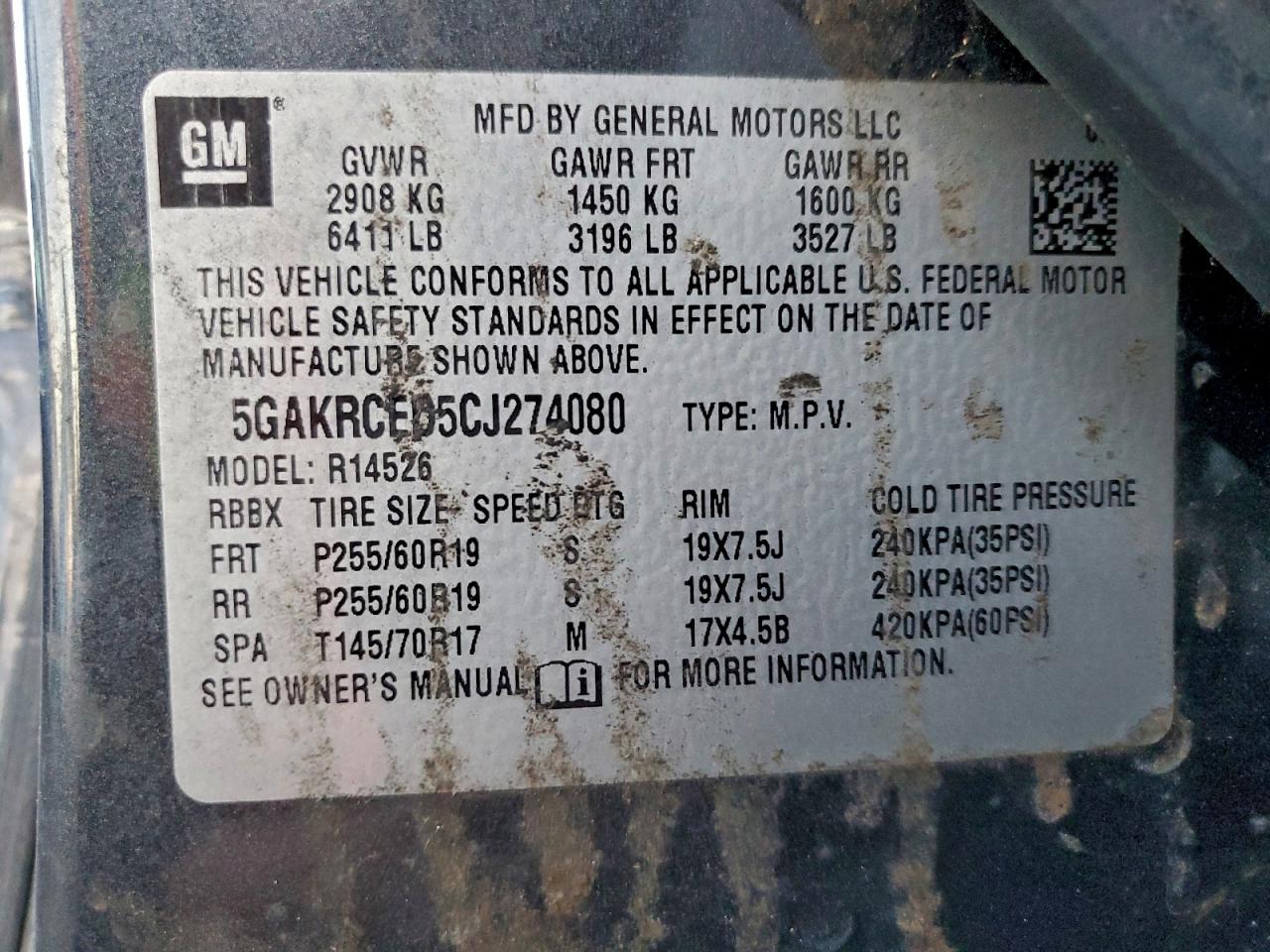 2012 Buick Enclave VIN: 5GAKRCED5CJ274080 Lot: 93995245