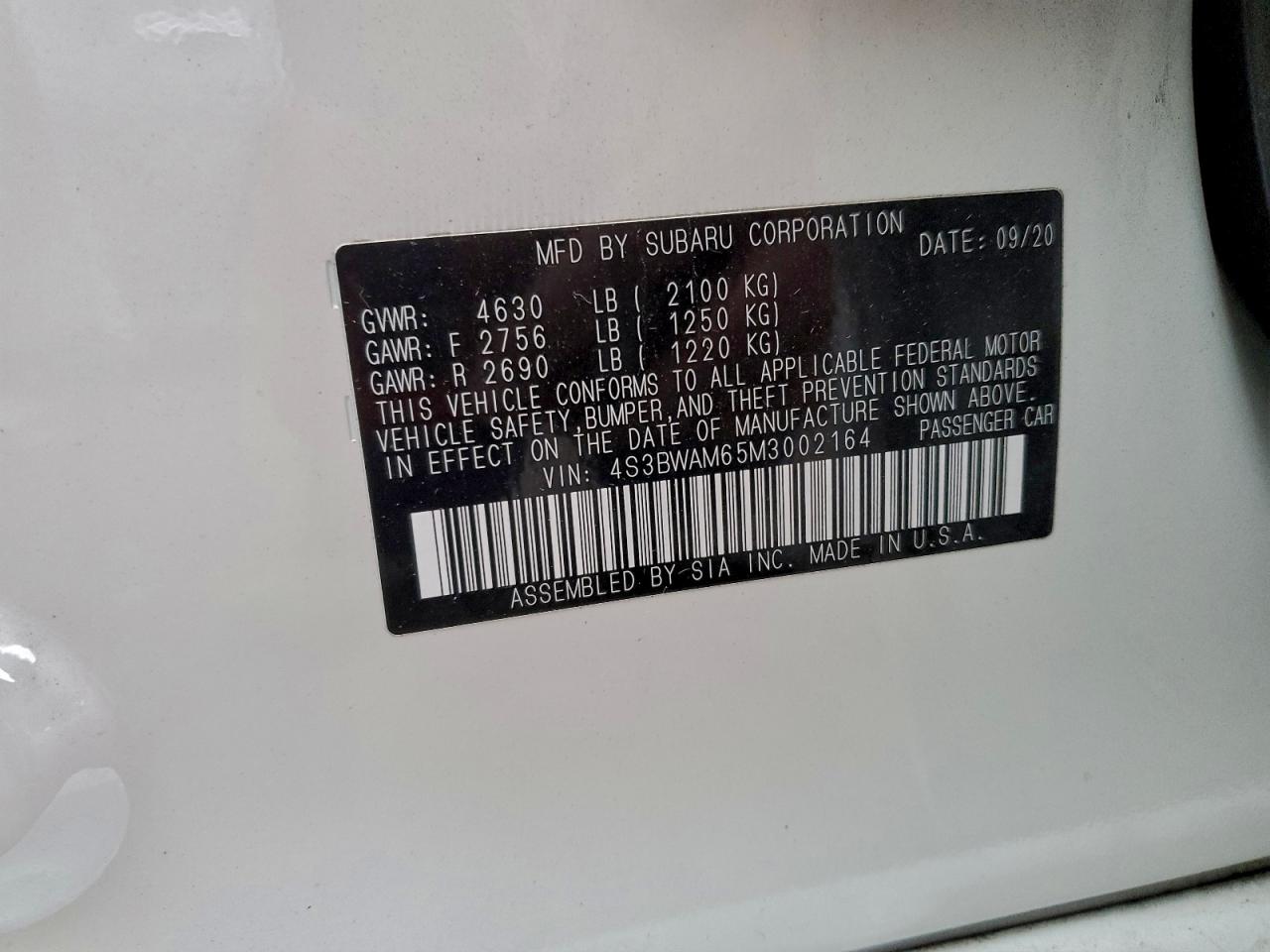 2021 Subaru Legacy Limited VIN: 4S3BWAM65M3002164 Lot: 94783545