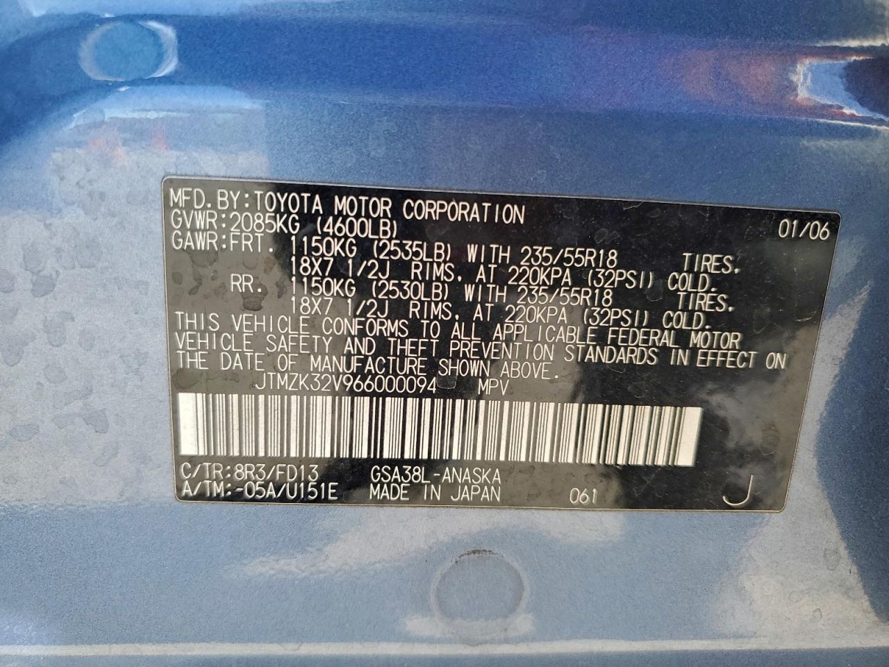 2006 Toyota Rav4 Sport VIN: JTMZK32V966000094 Lot: 92766645