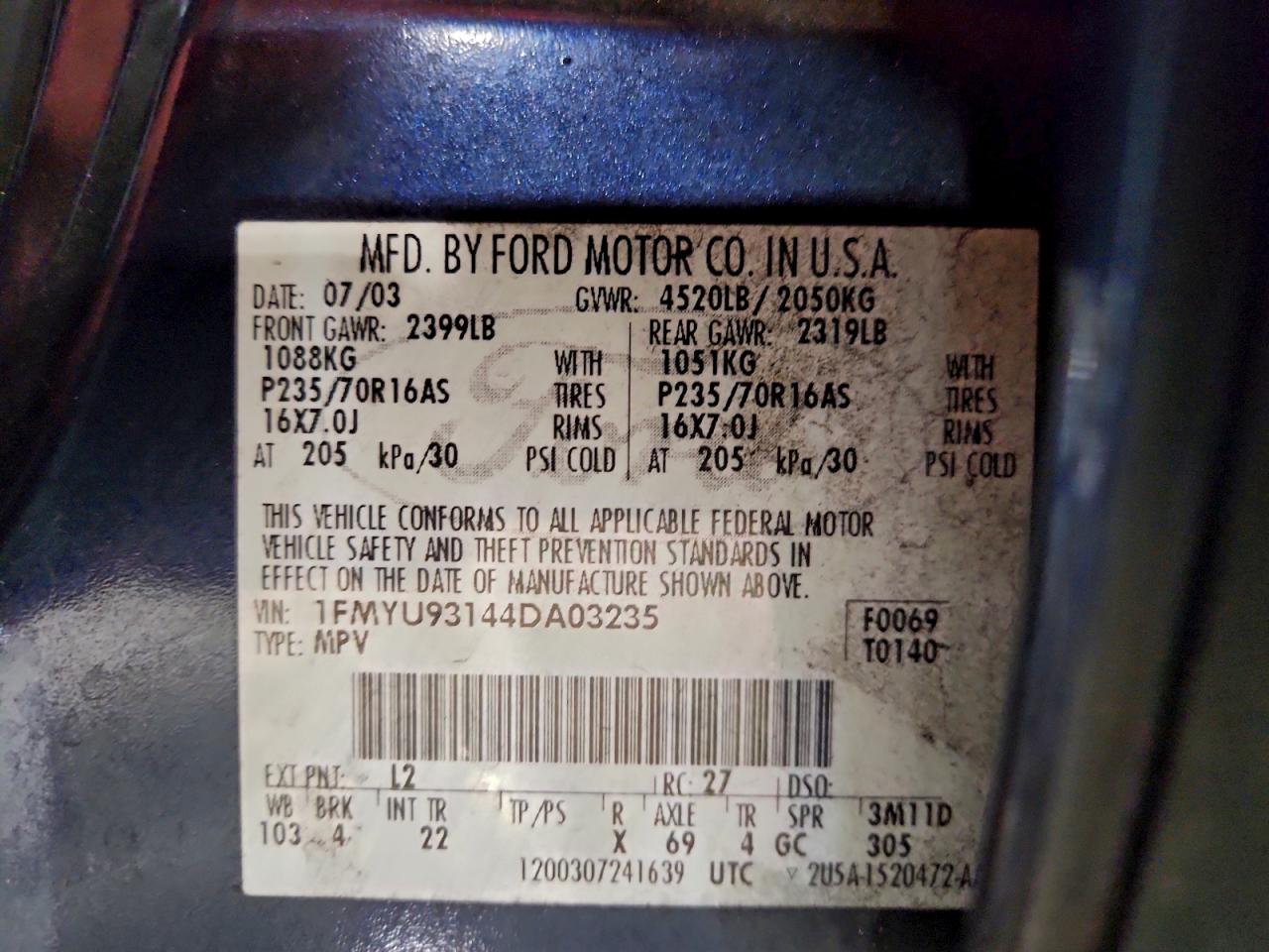 2004 Ford Escape Xlt VIN: 1FMYU93144DA03235 Lot: 95221915