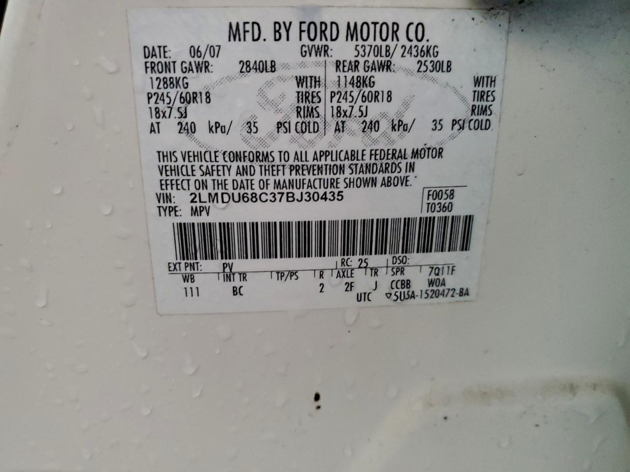 2007 Lincoln Mkx VIN: 2LMDU68C37BJ30435 Lot: 94954465