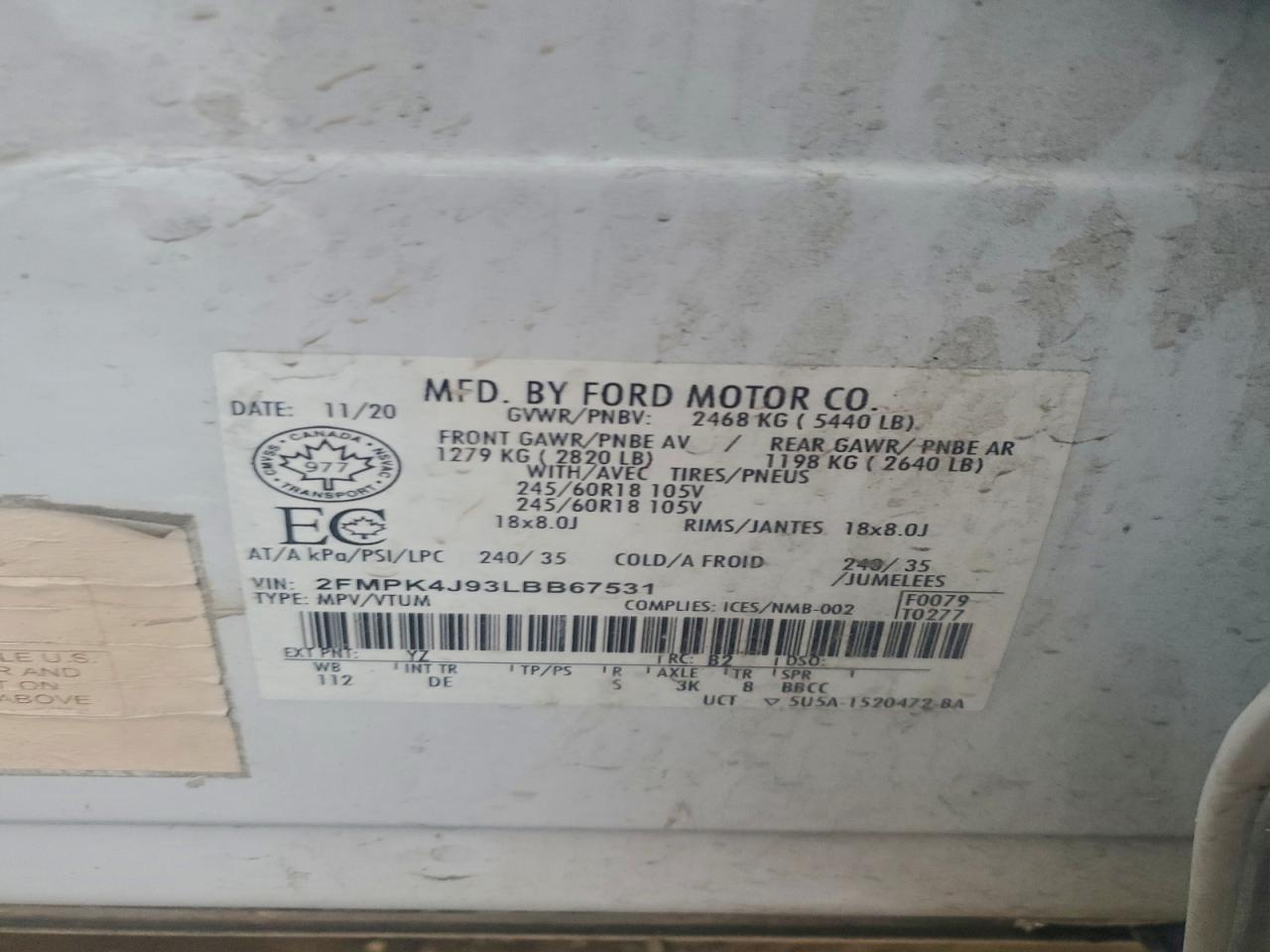 2020 Ford Edge Sel VIN: 2FMPK4J93LBB67531 Lot: 95126305