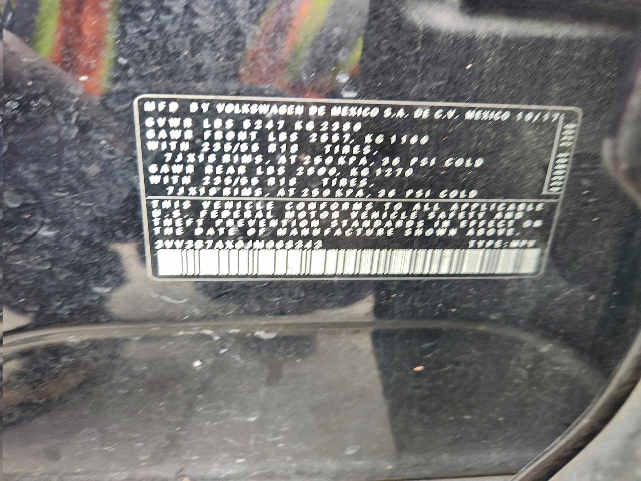 2018 Volkswagen Tiguan Se VIN: 3VV3B7AX0JM068343 Lot: 95180535