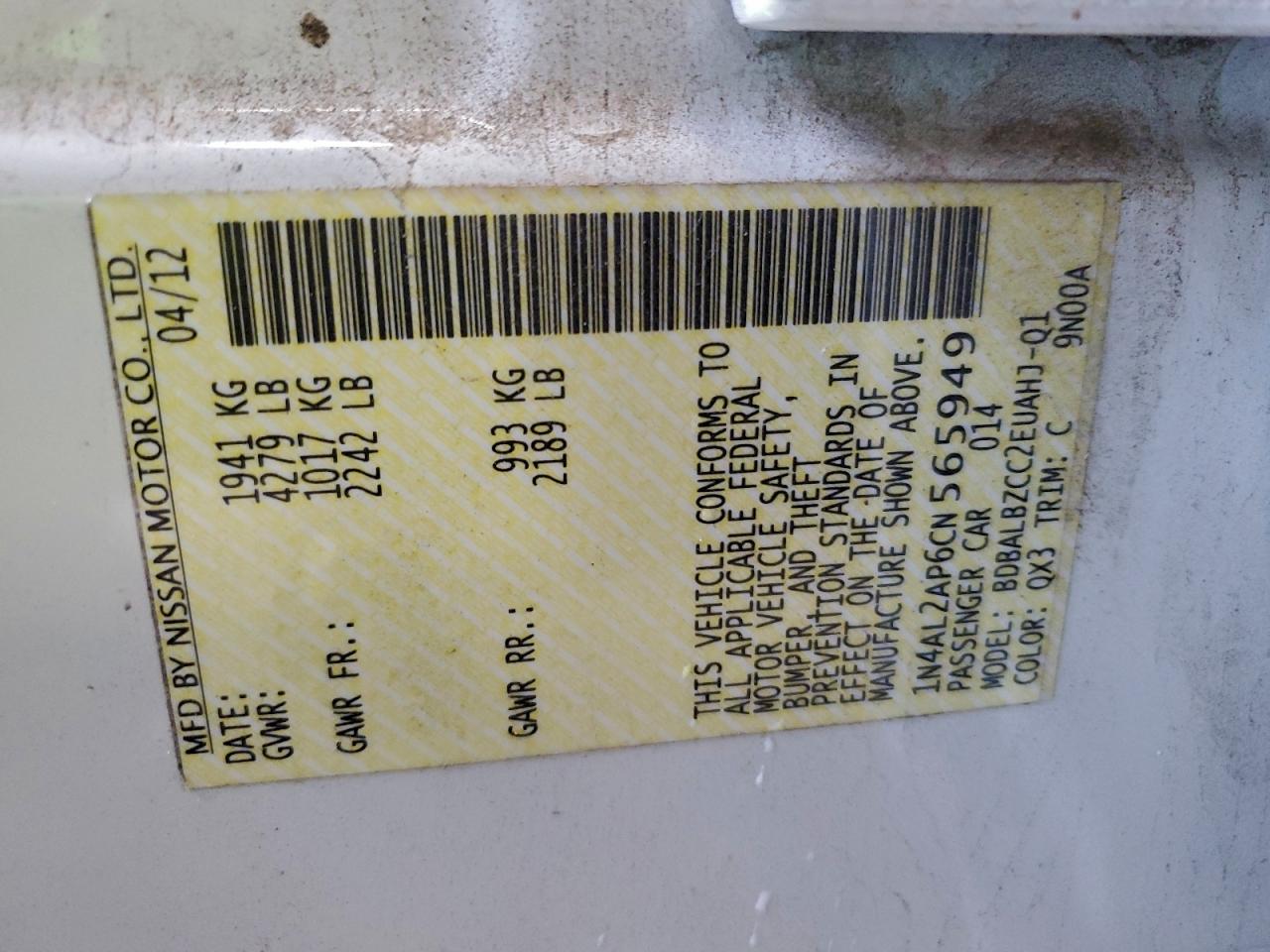 2012 Nissan Altima Base VIN: 1N4AL2AP6CN565949 Lot: 94132525