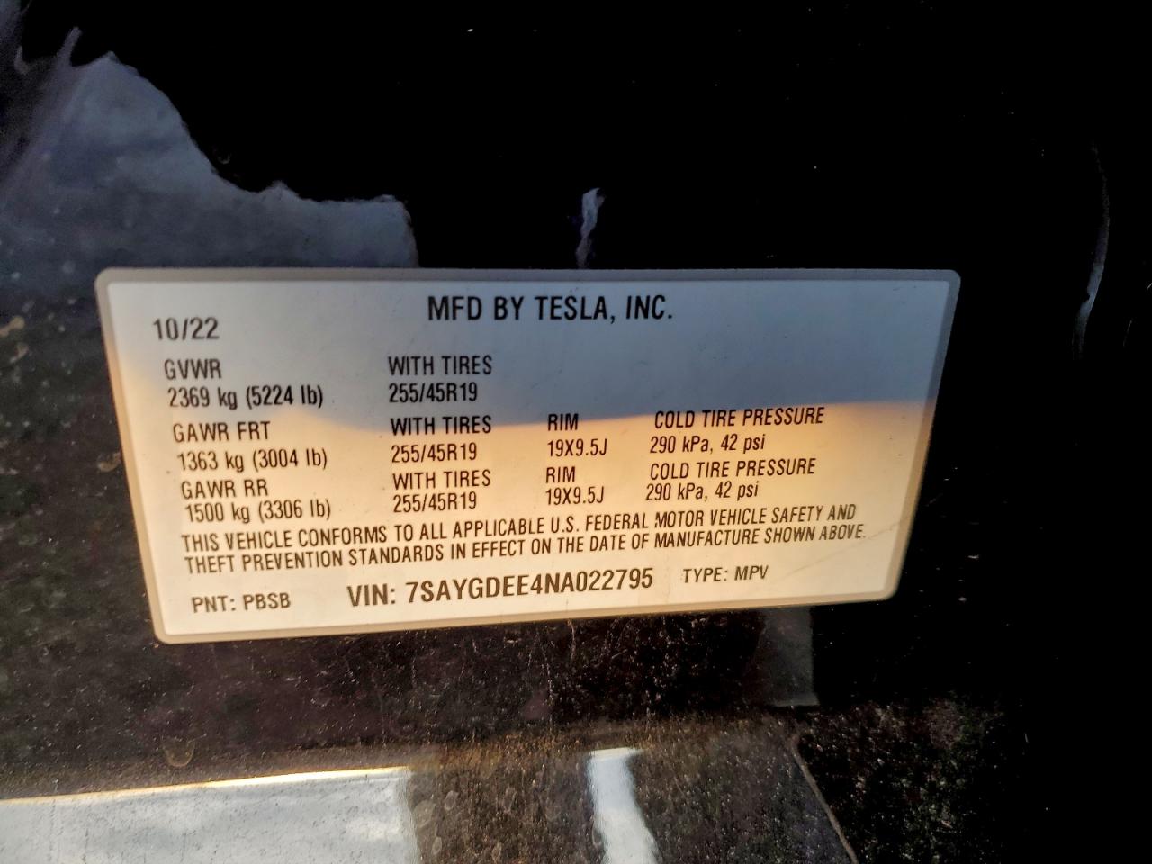 2022 Tesla Model Y VIN: 7SAYGDEE4NA022795 Lot: 94950335