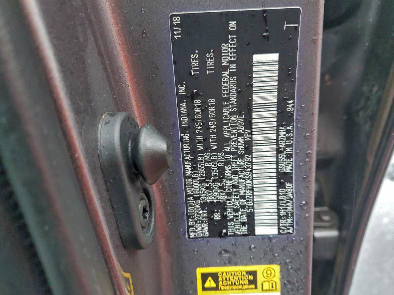 2019 Toyota Highlander Se VIN: 5TDJZRFH0KS943792 Lot: 95974015