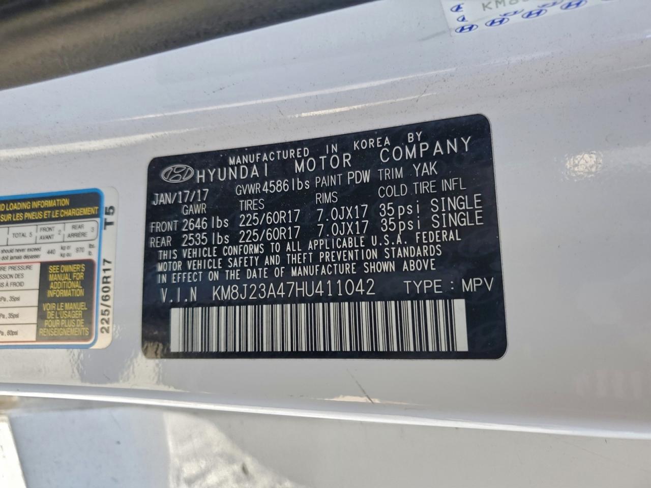 2017 Hyundai Tucson Se VIN: KM8J23A47HU411042 Lot: 96322425