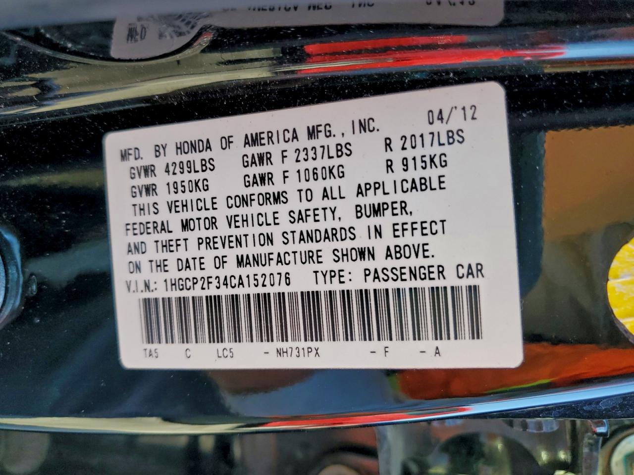 2012 Honda Accord Lx VIN: 1HGCP2F34CA152076 Lot: 94531275